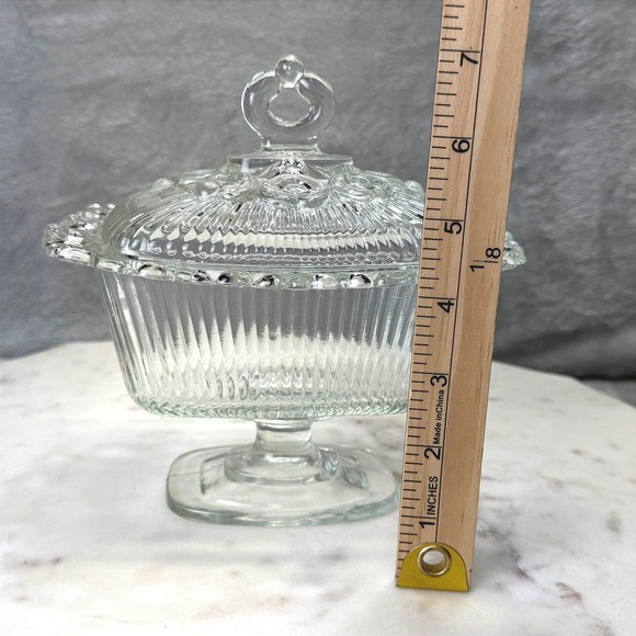 Vintage Clear Indiana Glass Lidded Candy Dish Lace Edge Heart Pedestal Compote - Picture 7 of 10